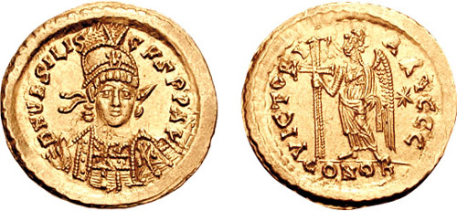 Rzym starożytny - rzyymscy wodzowie - Solidus_Basiliscus-RIC_1003. Solid Bazyliskusa poł. V w.n.e Bizancjum.jpg